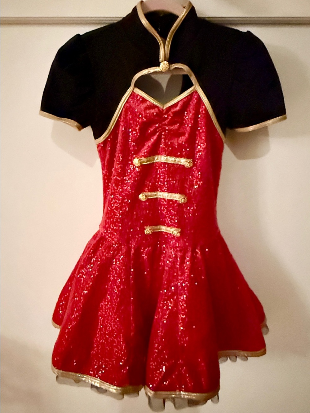 Weissman Red Sequin Ringmaster Costume with Black Bolero and Gold Trim